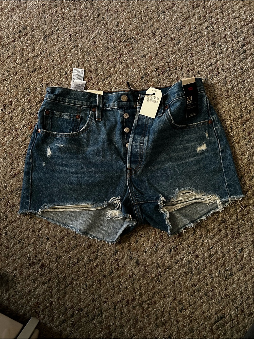 Levi's Dark Blue Distressed Button-Fly Jean Shorts